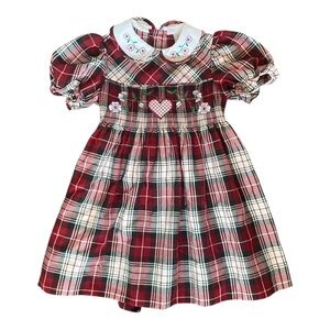 Toddler Girl Vintage Tartan Plaid Smock A-Line Red Dress Size 5 Embroidered